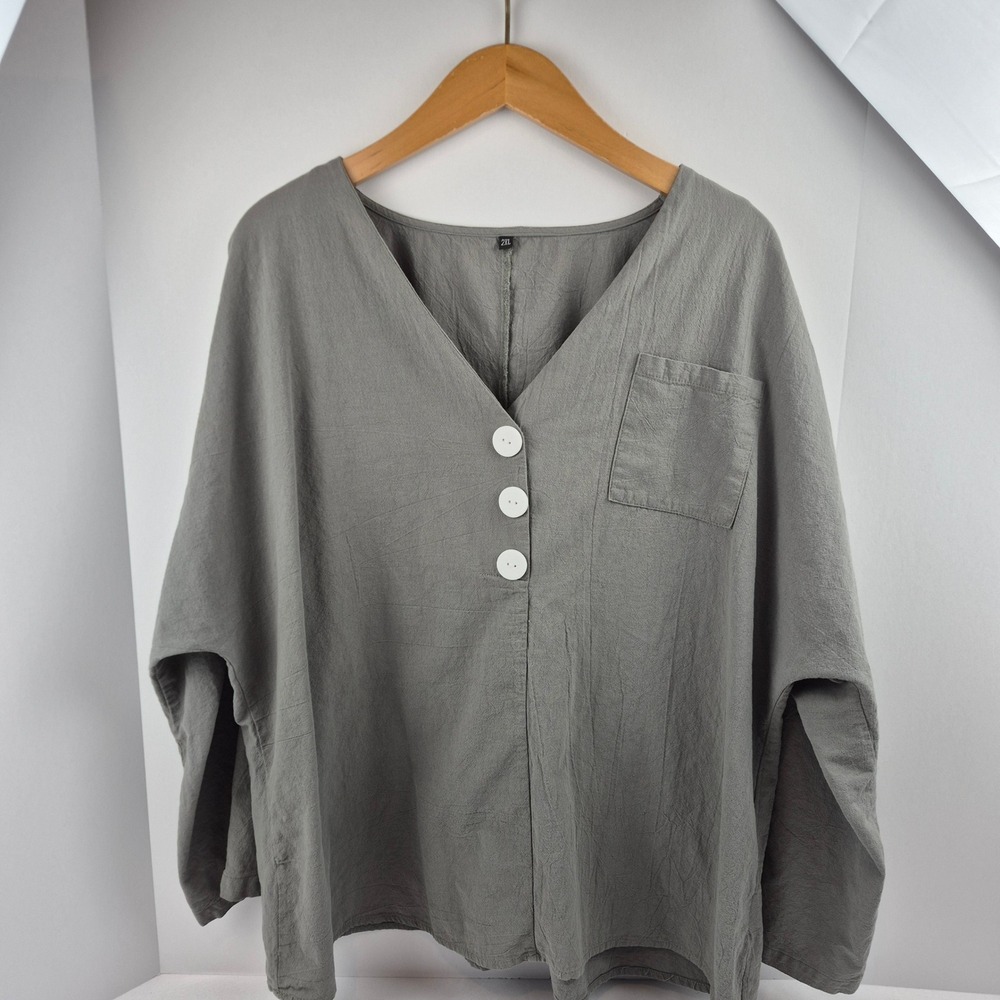 Grey V Neck Tunic Top Oversized 100% Cotton Long Sleeve Lagenlook 2XL‎